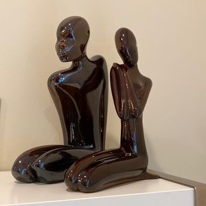 Art Deco African Ceramic Statues.  Man and Woman On Knees. Bronze Colour